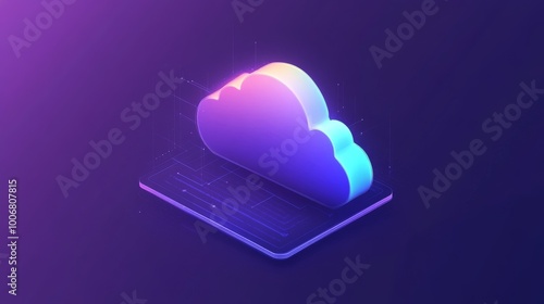 A glowing digital cloud icon on a purple background symbolizes cloud computing, encapsulating technology's modern era.