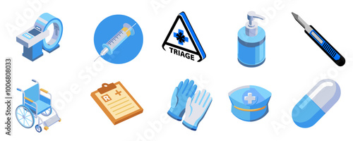 Medical equipment icons in blue color depicting healthcare and treatment essentials
