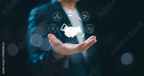 Business relationship connection concept. Partnership ecosystem, collaboration link technology service. Businessman search on leadership trust handshake contact icon on global digital network