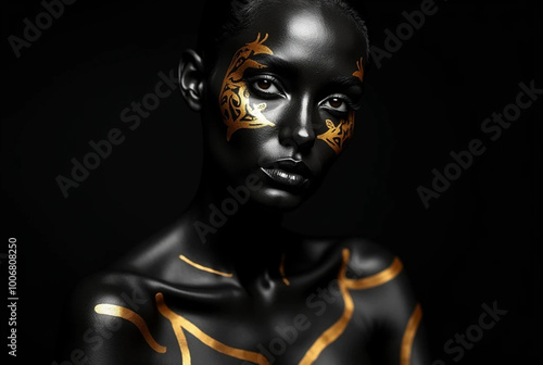 Striking Beauty in Black and Gold: Woman with Painted Skin in Elegant Background for Decoration