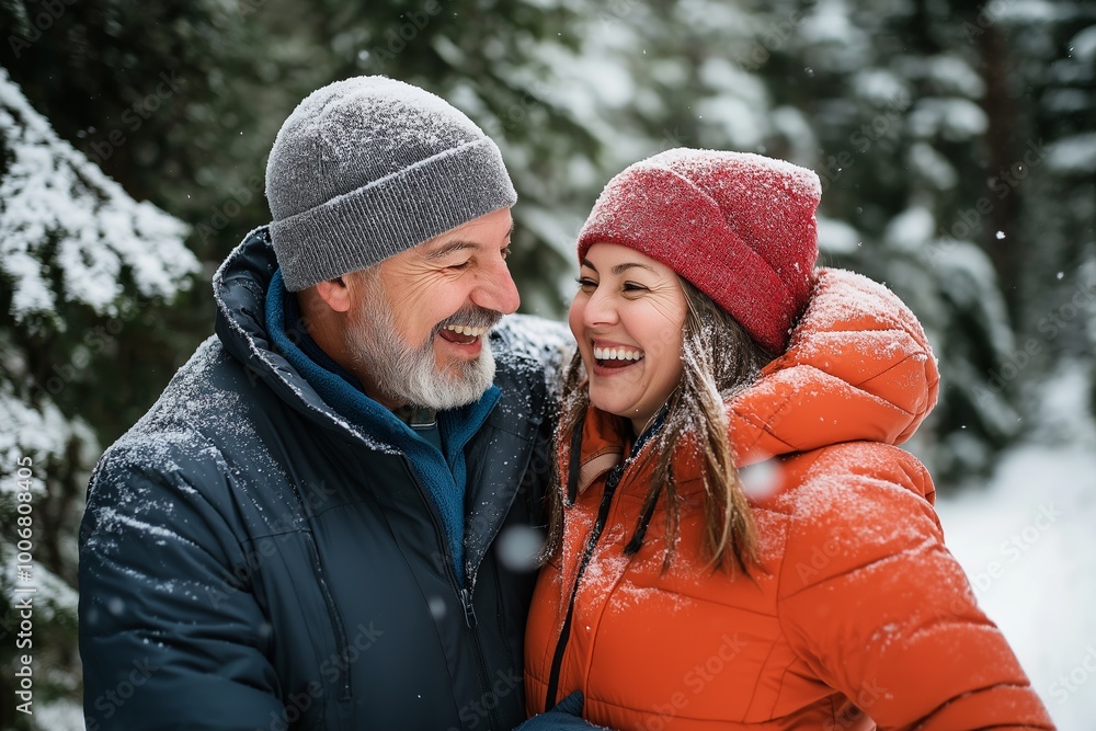 A man and woman are smiling and laughing in the snow. They are wearing hats and jackets A man and woman are smiling and laughing in the snow. They are wearing hats and jackets