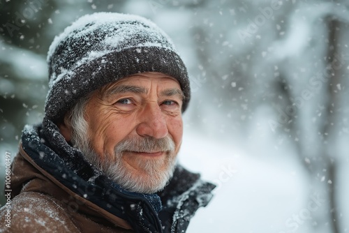 A man with a black hat and a beard is smiling in the snow. He is wearing a black jacket and a blue scarf