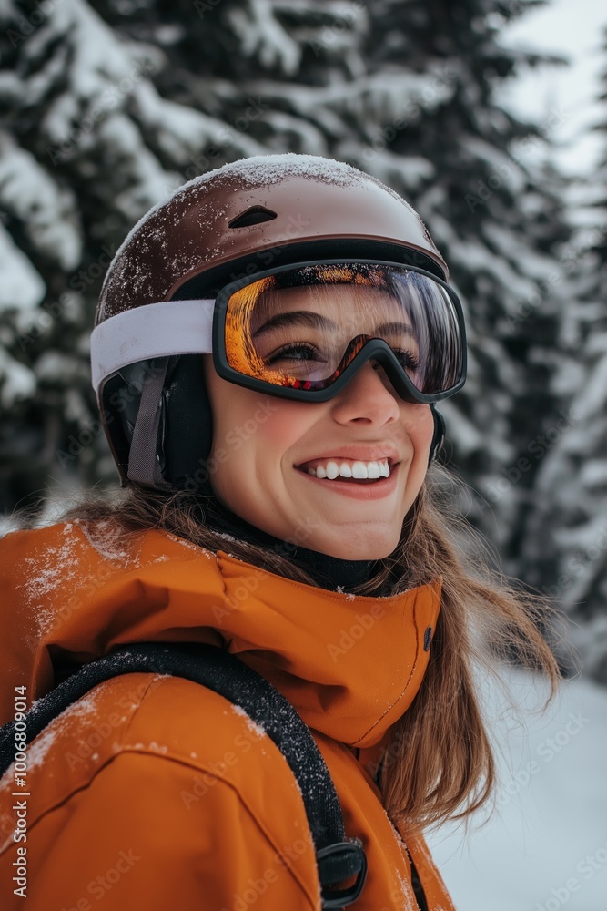 A woman wearing a brown helmet and goggles is smiling. She is wearing a red jacket and a black backpack A woman wearing a brown helmet and goggles is smiling. She is wearing a red jacket and a black backpack