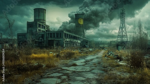 An eerie, abandoned industrial factory emitting smoke under dark clouds, capturing a post-apocalyptic, desolate landscape filled with decay.