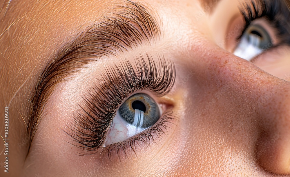 Fototapeta premium Close-up of a young woman's mesmerizing blue eyes highlighting long lashes and flawless skin under soft lighting in a serene setting