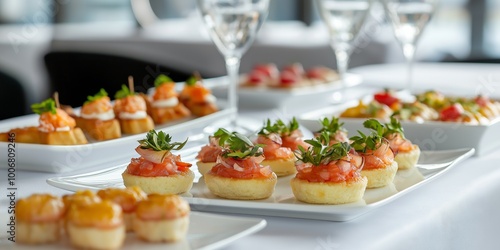 Fototapeta Naklejka Na Ścianę i Meble -  A table with a variety of appetizers and drinks, including wine glasses. Scene is elegant and sophisticated