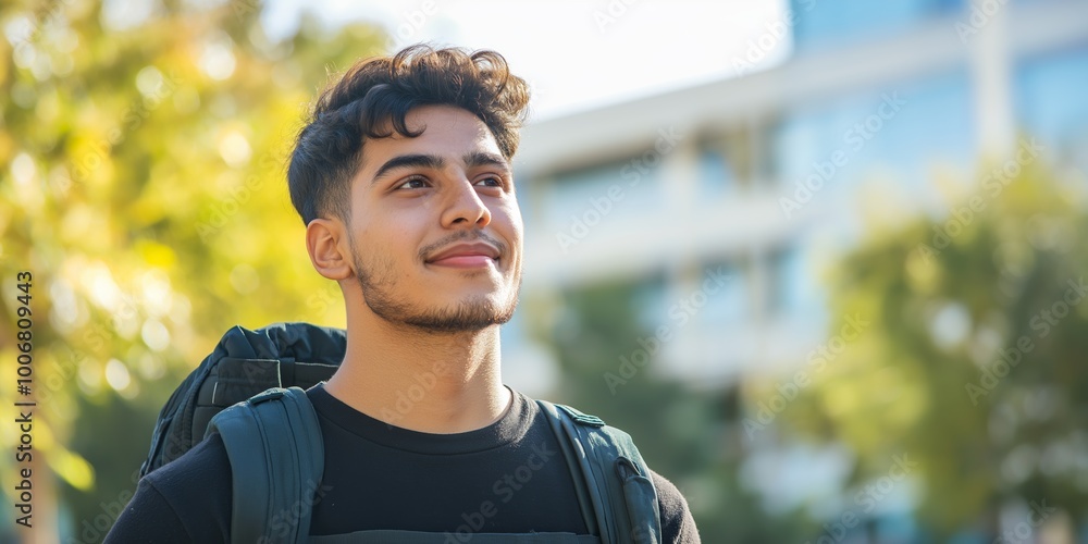 © Iryna - A young man with a backpack and a smile on his face. He is looking up at the sky