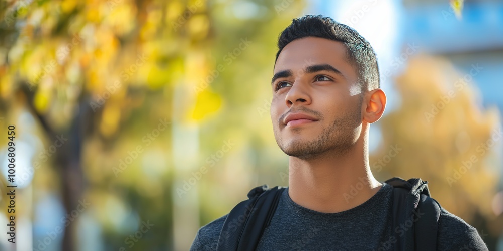 A man with a backpack and a smile on his face. He is looking up at the sky A man with a backpack and a smile on his face. He is looking up at the sky