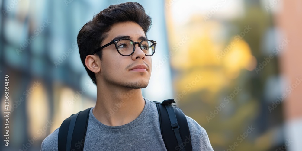 Obraz premium A young man wearing glasses and a backpack is looking up at the sky. Concept of curiosity and wonder, as the man seems to be pondering the world around him