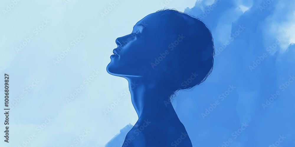 Obraz premium A woman's head is shown in a blue background. The woman is looking up, and the background is a blue sky