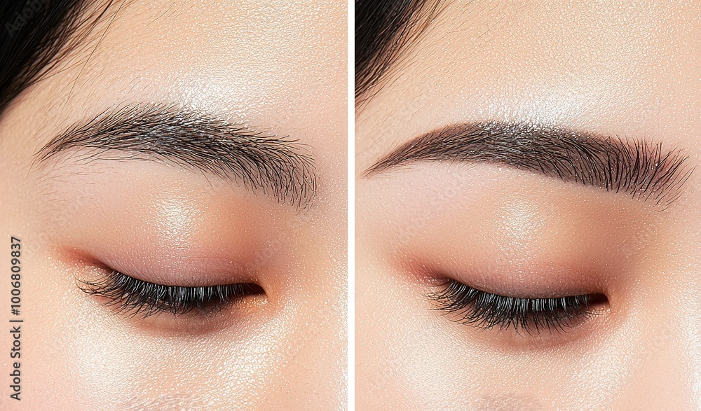 Naklejka premium Elegant eyebrow transformation showcasing sleek arch and subtle makeup enhancement in soft lighting
