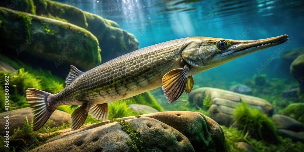 Sharp and clear image of Alligator Gar perched on a rock underwater Sharp and clear image of Alligator Gar perched on a rock underwater