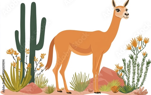 A graceful guanaco stands among vibrant desert flora, showcasing its elegance in a lively landscape dotted with cacti and wildflowers photo