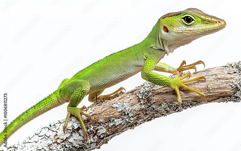 A vibrant green lizard rests gracefully on a weathered tree branch under soft daylight in a tropical forest A vibrant green lizard rests gracefully on a weathered tree branch under soft daylight in a tropical forest