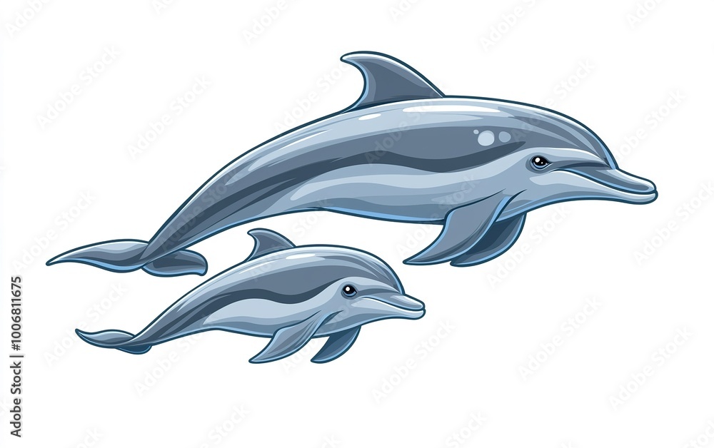 Obraz premium A playful mother dolphin swims alongside her curious calf in a lively ocean setting, showcasing their bond and grace