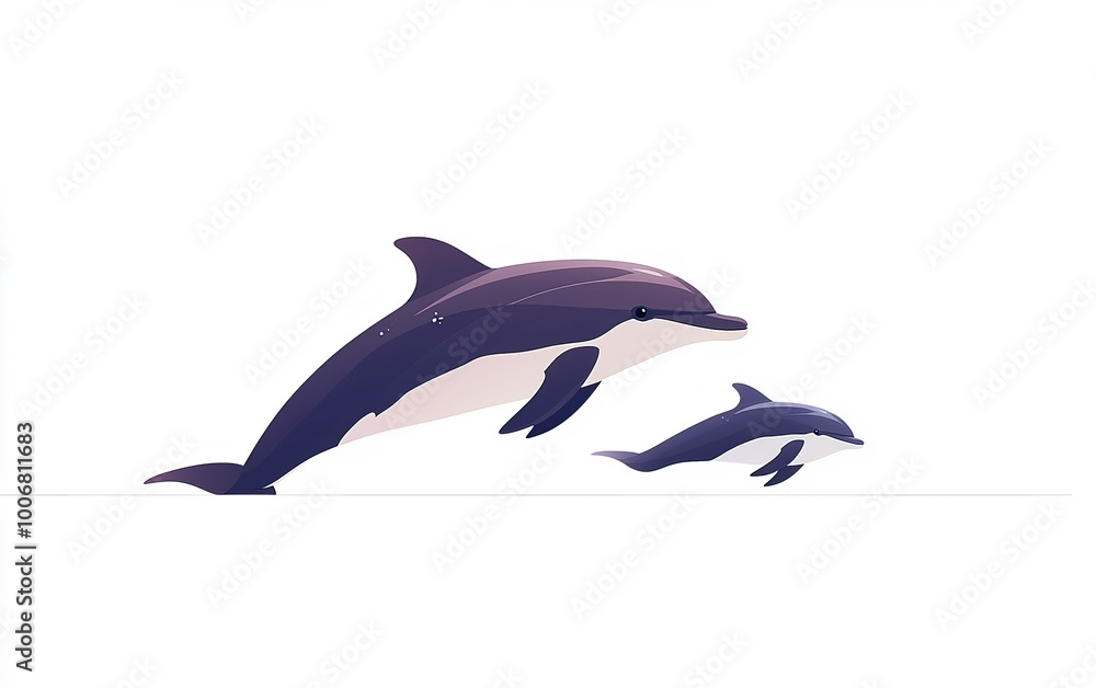 Fototapeta premium A playful encounter between a dolphin and its calf swimming gracefully in an ocean setting during bright daylight