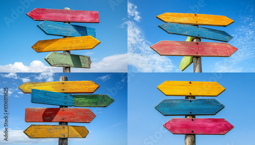 colorful wooden road signs pointing in different directions against a blue sky background photo