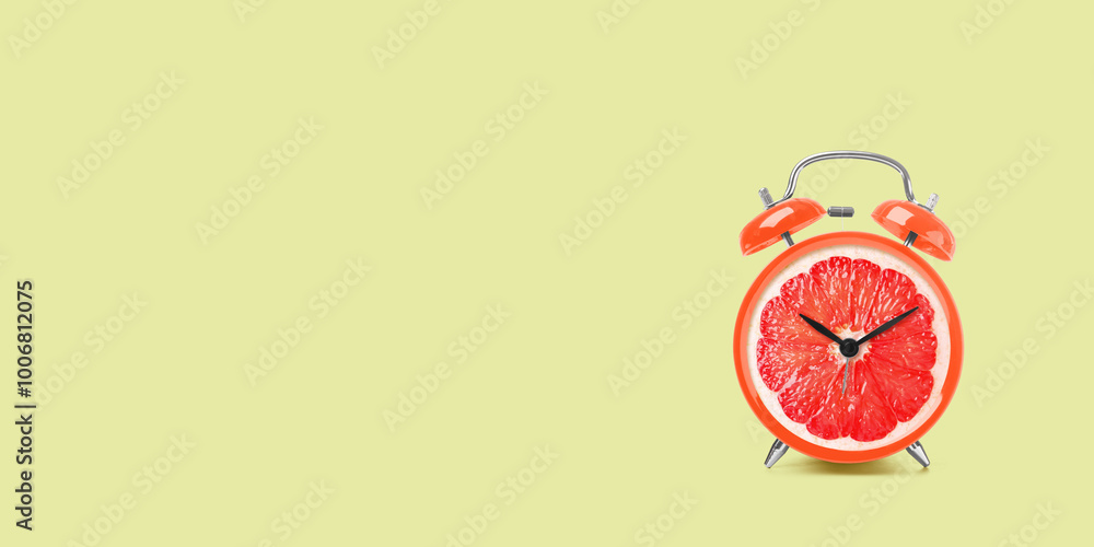 Juicy grapefruit on alarm clock dial against light green background. Creative poster with space for text, banner design Juicy grapefruit on alarm clock dial against light green background. Creative poster with space for text, banner design