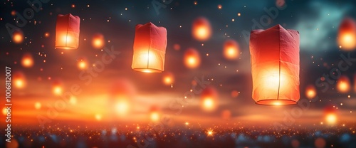 Glowing sky lanterns floating at night. Magical festival atmosphere. Loy Krathong or Yi Peng celebration scene