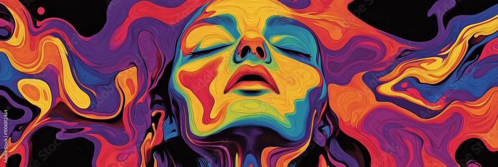 Fototapeta A colorful abstract piece depicting a human face amidst swirling colors, representing emotions and creative expression.