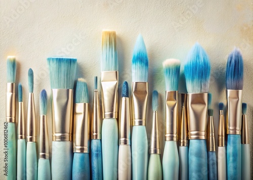 Softly rounded watercolor brushes in a range of sizes and hues cascade across a serene background, blending blues and whites in a soothing gradient of creative inspiration. photo