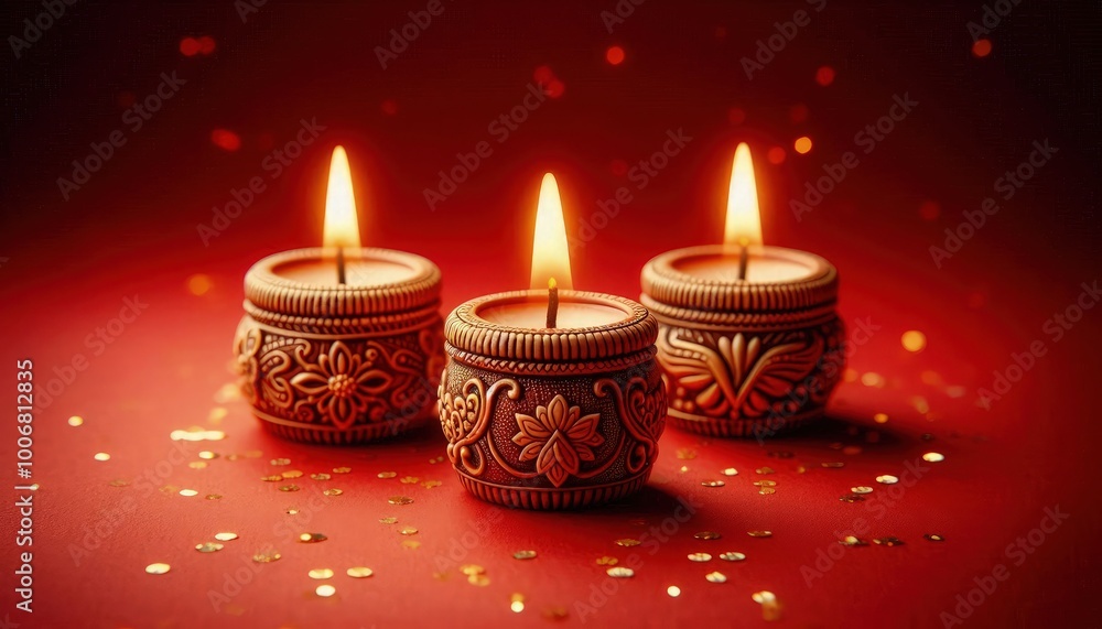 Soft, warm-toned photograph of three small, intricately designed Diwali candles glowing brightly against a rich red backdrop, capturing the essence of Indian festive culture with ample copy space Soft, warm-toned photograph of three small, intricately designed Diwali candles glowing brightly against a rich red backdrop, capturing the essence of Indian festive culture with ample copy space