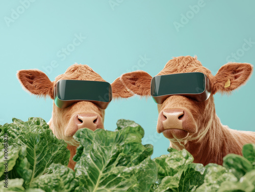 Cows wearing VR headsets, surrounded by fresh lettuce, playful concept.