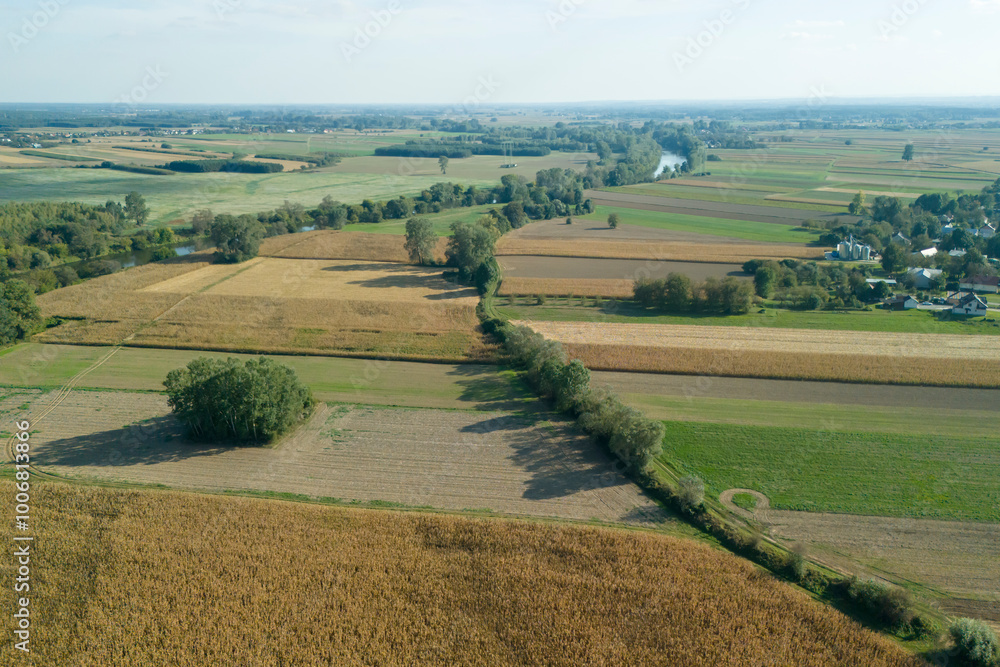 Naklejka premium Aerial view of lush green and golden agricultural fields with a winding river under a bright sky