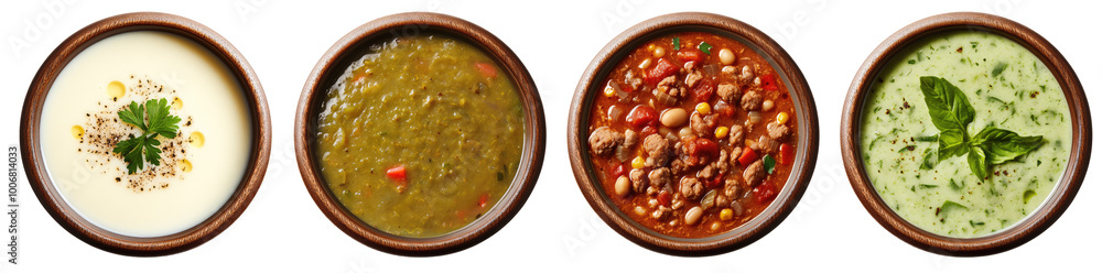 Different soup in bowls set isolated Png, transparent without background. Different soup in bowls set isolated Png, transparent without background.