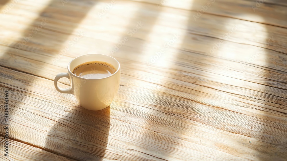 A serene coffee cup sits on a wooden table, illuminated by soft sunlight, creating a warm and inviting atmosphere. A serene coffee cup sits on a wooden table, illuminated by soft sunlight, creating a warm and inviting atmosphere.