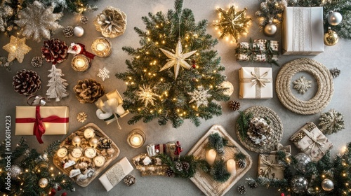 A cozy Christmas flat lay featuring fir tree branches surrounded by shimmering decorations, all set on a light pastel gray background for a seasonal touch.