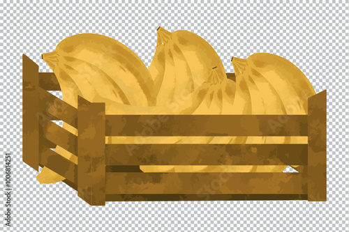 Illustration bananes jaunes cagette  en bois vecteur