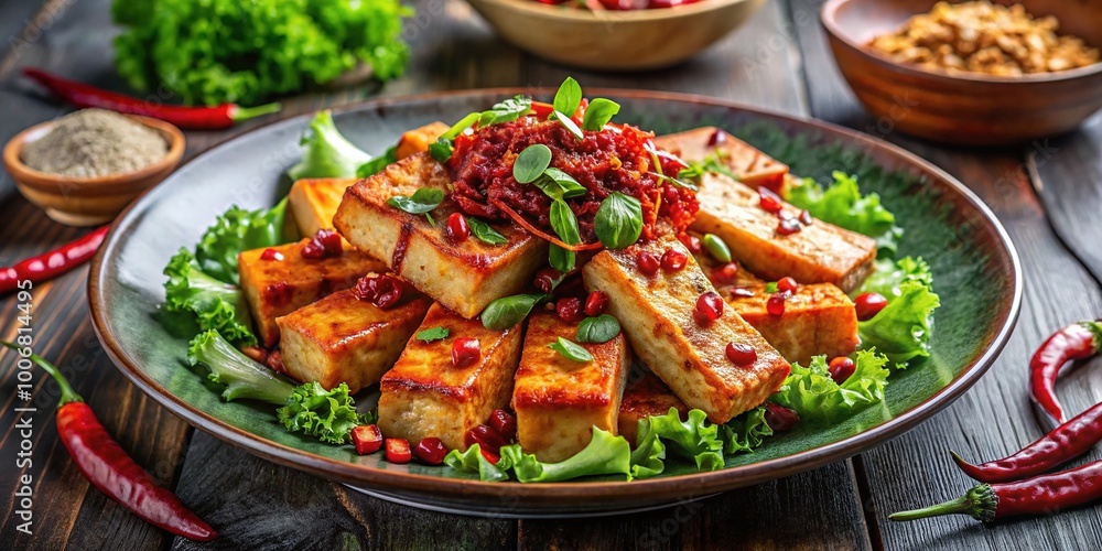 Steaming hot tofu sizzles on a chipped plate, surrounded by wilted lettuce and crispy tempeh strips, sauce-stained and frayed. Steaming hot tofu sizzles on a chipped plate, surrounded by wilted lettuce and crispy tempeh strips, sauce-stained and frayed.