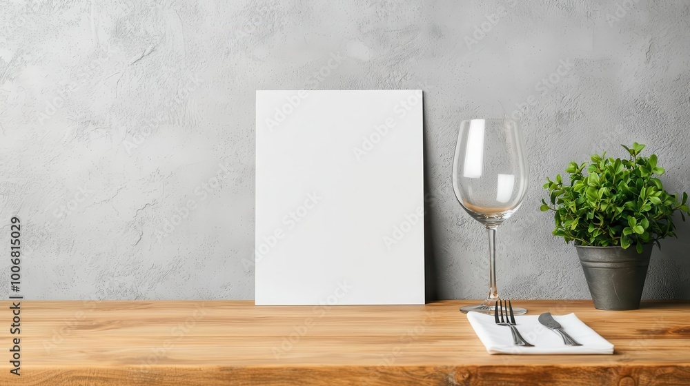 Blank Menu Sign on a Table with a Glass and Plant Blank Menu Sign on a Table with a Glass and Plant