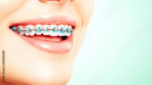 Close-up of a smiling person with braces, showcasing a bright smile and healthy teeth against a soft background.