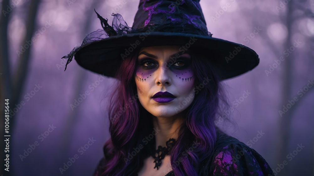 abstract eerie glowing purple closeup of a Halloween witch on misty background, bokeh background abstract eerie glowing purple closeup of a Halloween witch on misty background, bokeh background