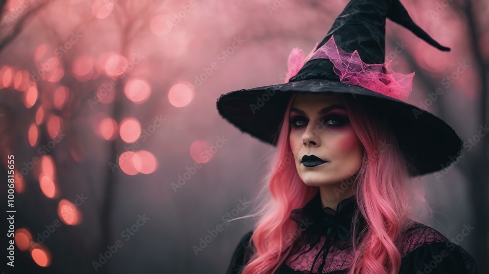 abstract eerie glowing pink closeup of a Halloween witch on misty background, bokeh background abstract eerie glowing pink closeup of a Halloween witch on misty background, bokeh background