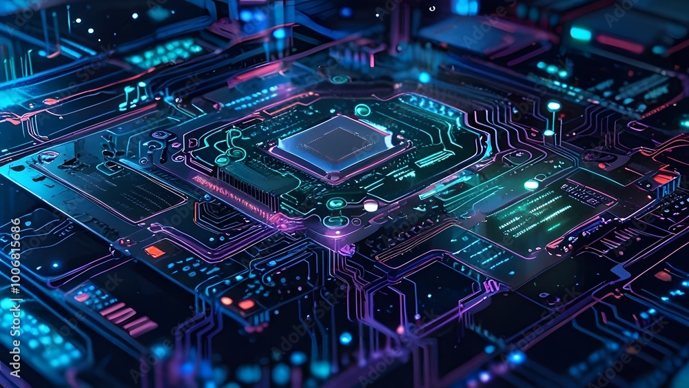 High-tech circuit board with holographic data overlay, illustrating the fusion of technology and visual design in modern electronics High-tech circuit board with holographic data overlay, illustrating the fusion of technology and visual design in modern electronics