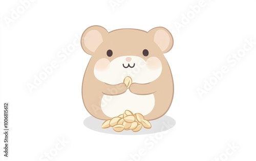 A cute hamster happily munching on seeds while sitting on a plain background, showcasing its fluffy fur and adorable expression