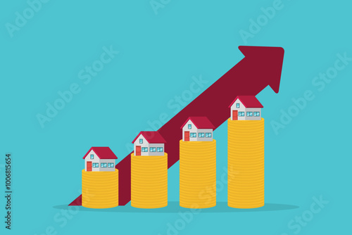 Arrows rise up above the house. The concept of growth in demand for real estate. Increase in the value of property	