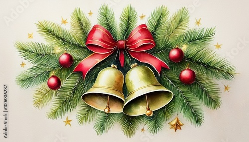 Spruce branches with golden bells and red bows. Watercolor. Christmas decorations in retro style