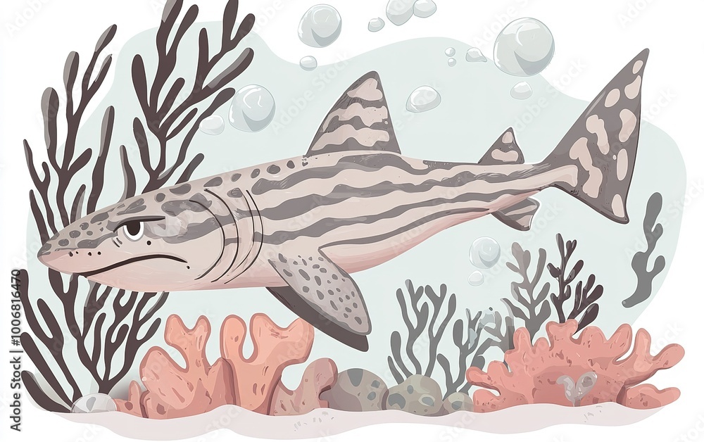 Obraz premium A playful shark glides through vibrant coral reefs, surrounded by swaying seaweed and bubbles in a tranquil underwater habitat