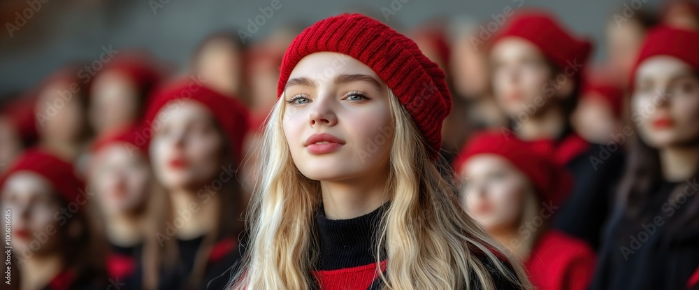 Fototapeta premium Young woman with red beret among crowd. World Students Day concept