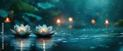 Illuminated lotus flowers floating on water. Loy Krathong festival concept photo