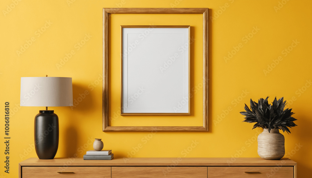 Mock up frame hanging on a bright yellow wall with minimal decoration Mock up frame hanging on a bright yellow wall with minimal decoration