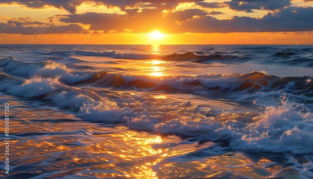 Obraz premium Ocean Tides Flowing Gently at Sunset with Golden Reflections
