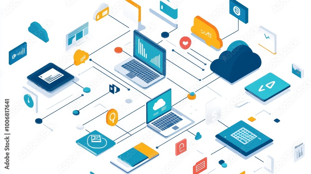 This illustration details a network of cloud connections depicted with laptops and digital elements focusing on data exchanges. This illustration details a network of cloud connections depicted with laptops and digital elements focusing on data exchanges.