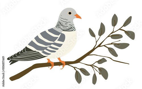 A beautifully illustrated bird perched on a branch, showcasing its striking plumage in a calm and serene environment