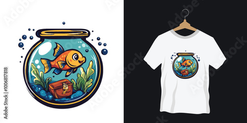 A cheerful vector T-shirt logo featuring a cartoonish fish swimming happily inside a round fishbowl