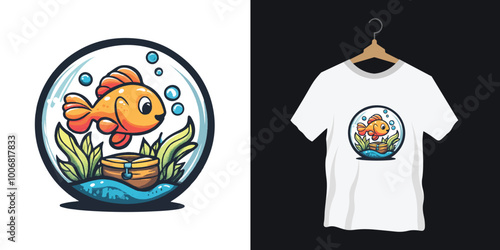 A cheerful vector T-shirt logo featuring a cartoonish fish swimming happily inside a round fishbowl